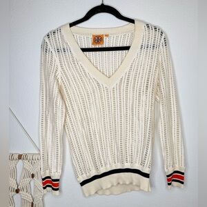 Tory Burch Cream V-Neck Sweater with Navy and Red Stripe cuffs and hem open knit